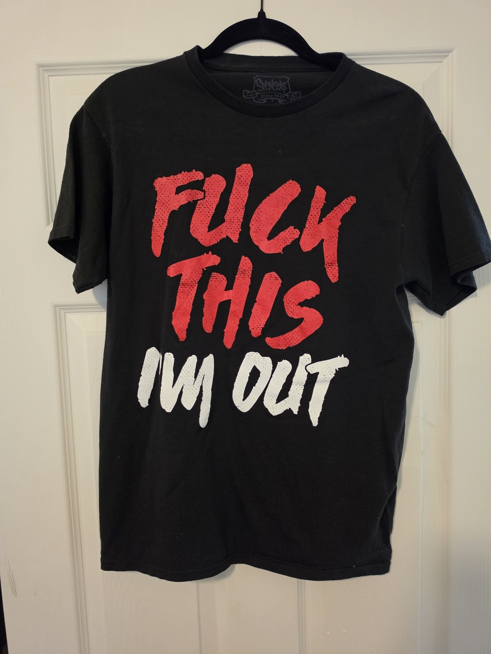 Spencer's Black Tee with Red & White Bold Slogan